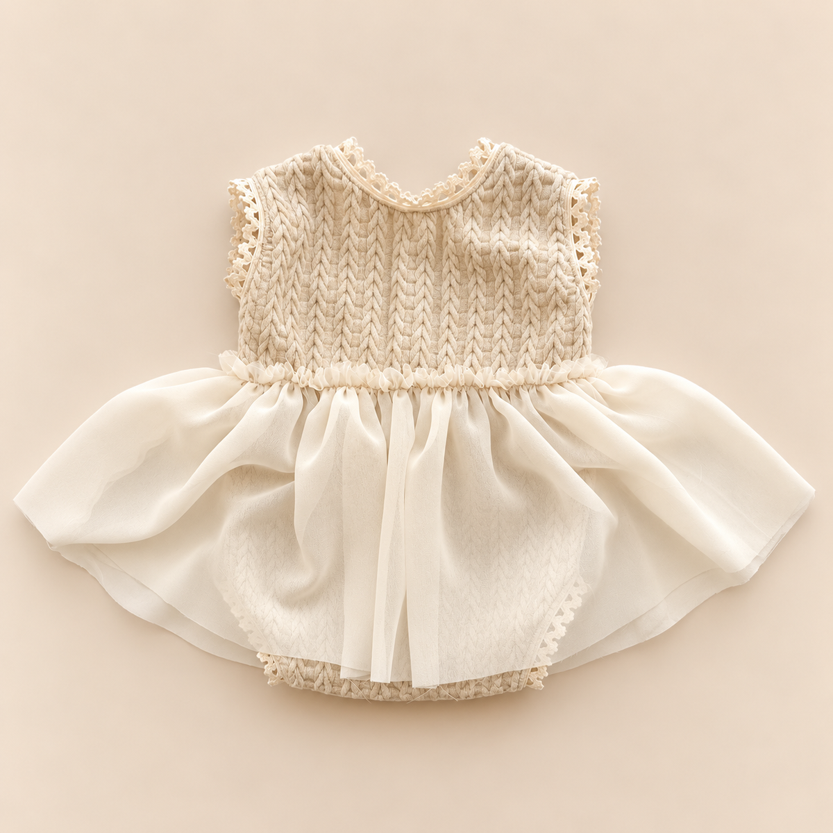 Ivory cable knit texture newborn photography dress romper with gathered chiffon skirt and delicate lace trim