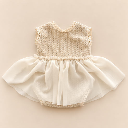 Ivory cable knit texture newborn photography dress romper with gathered chiffon skirt and delicate lace trim