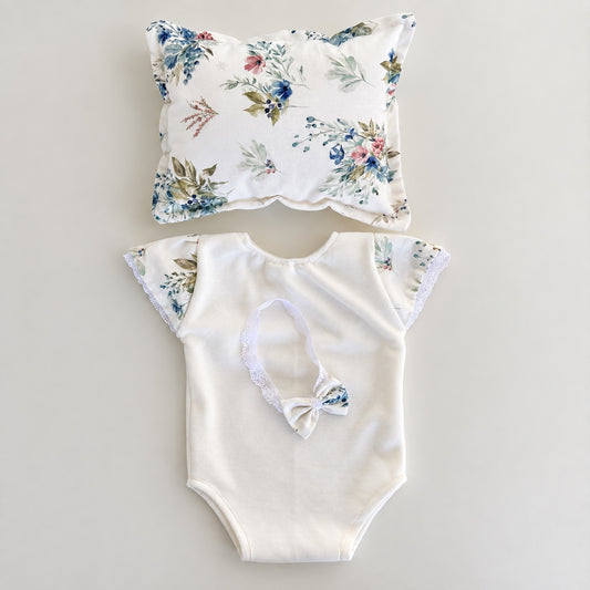 Ivory Meadow floral newborn photography romper, pillow and headband set