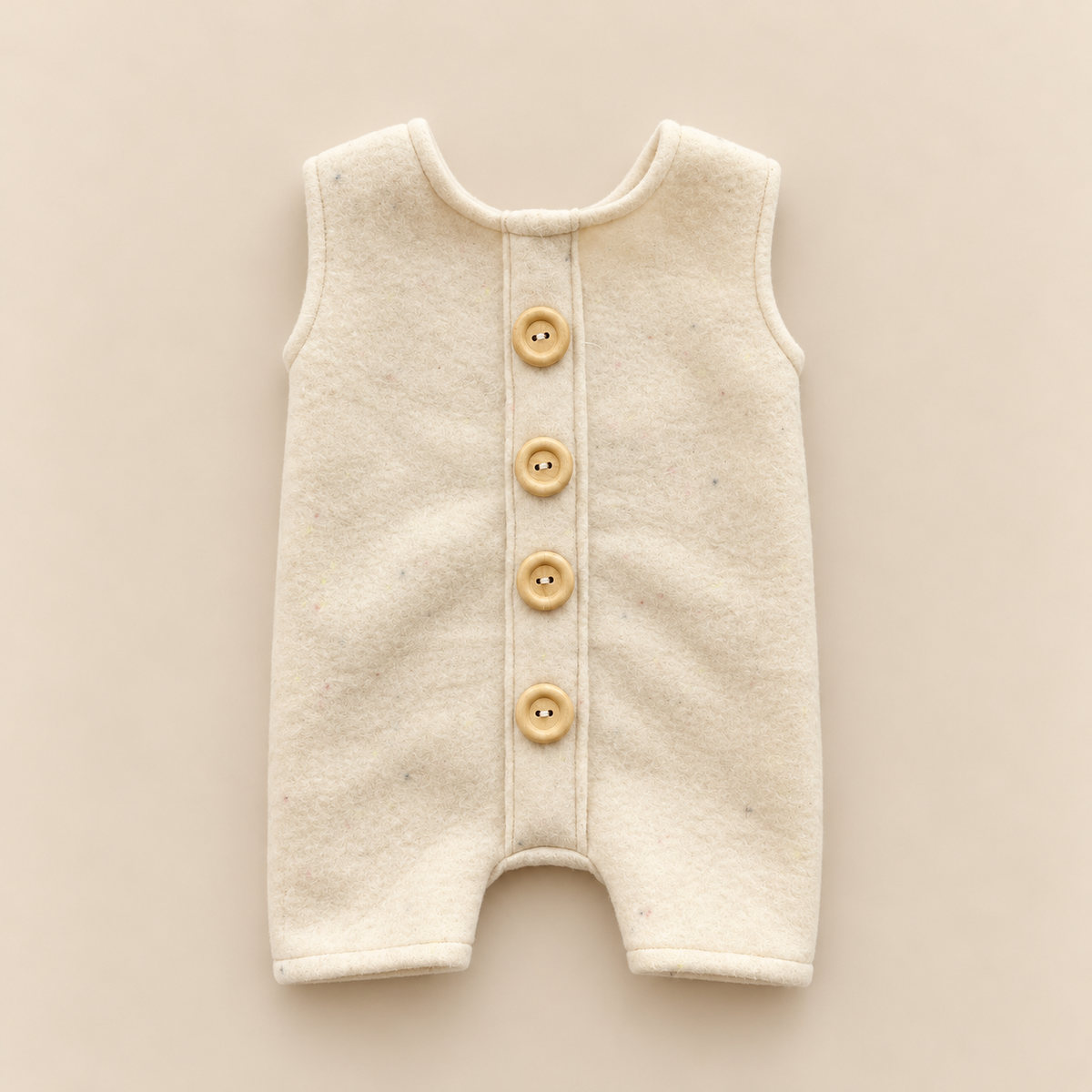 Ivory speckled sleeveless newborn photography romper with four front buttons and short legs