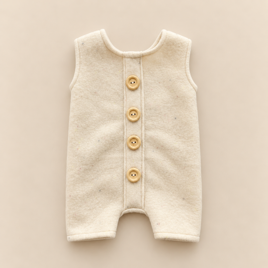Ivory speckled sleeveless newborn photography romper with four front buttons and short legs