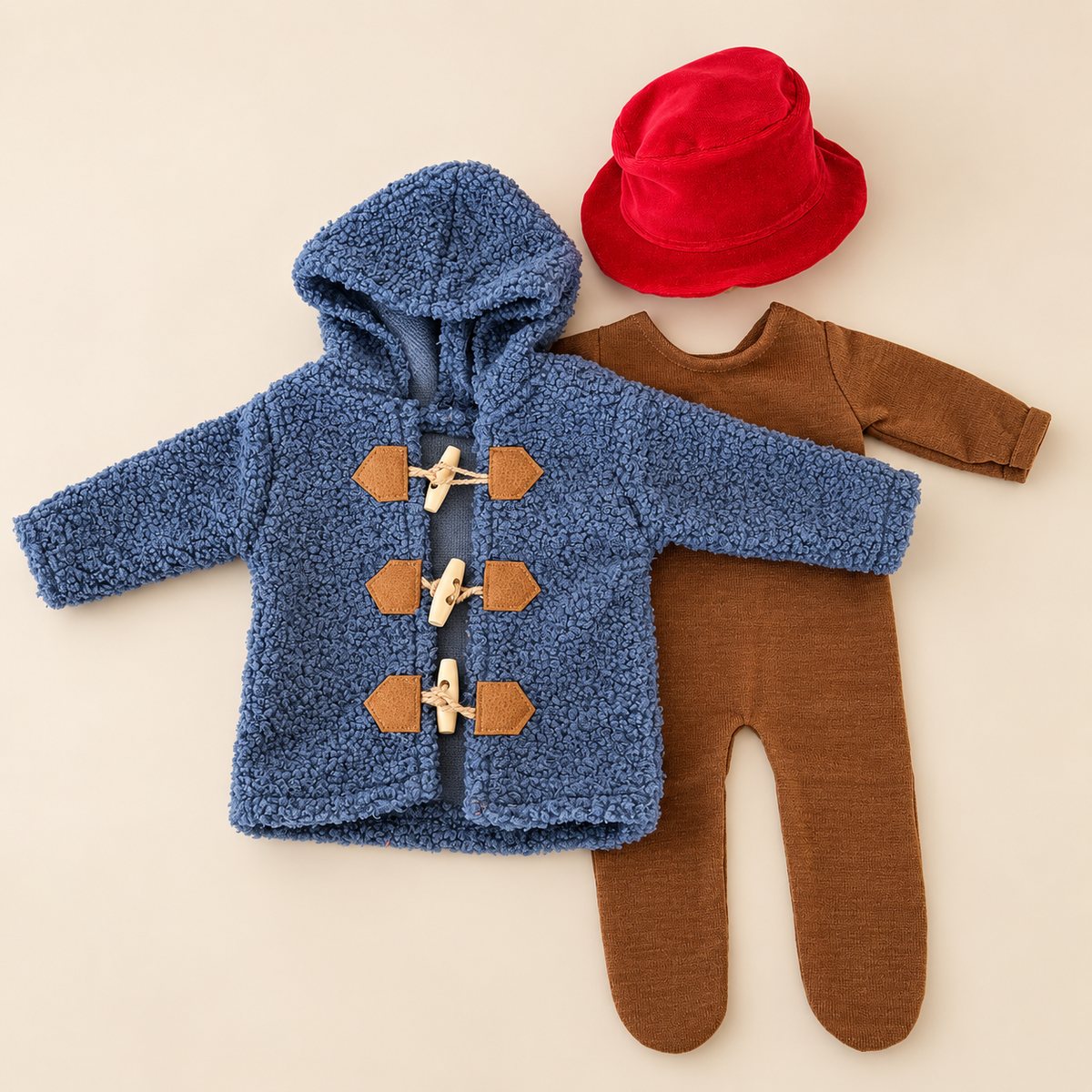 Little Bear Adventure newborn photography set with blue hooded coat, brown footed romper and red hat