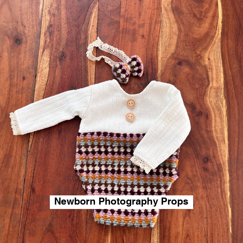 Mary cream & colorful checkered Newborn Photography Prop Outfit For Girl
