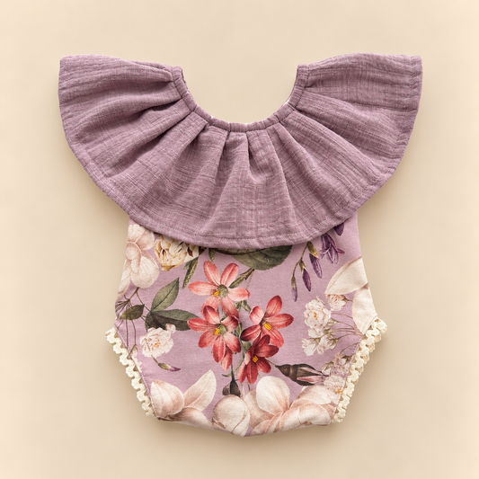 Mauve lilac botanical floral newborn photography romper with large textured muslin collar and ivory lace trim