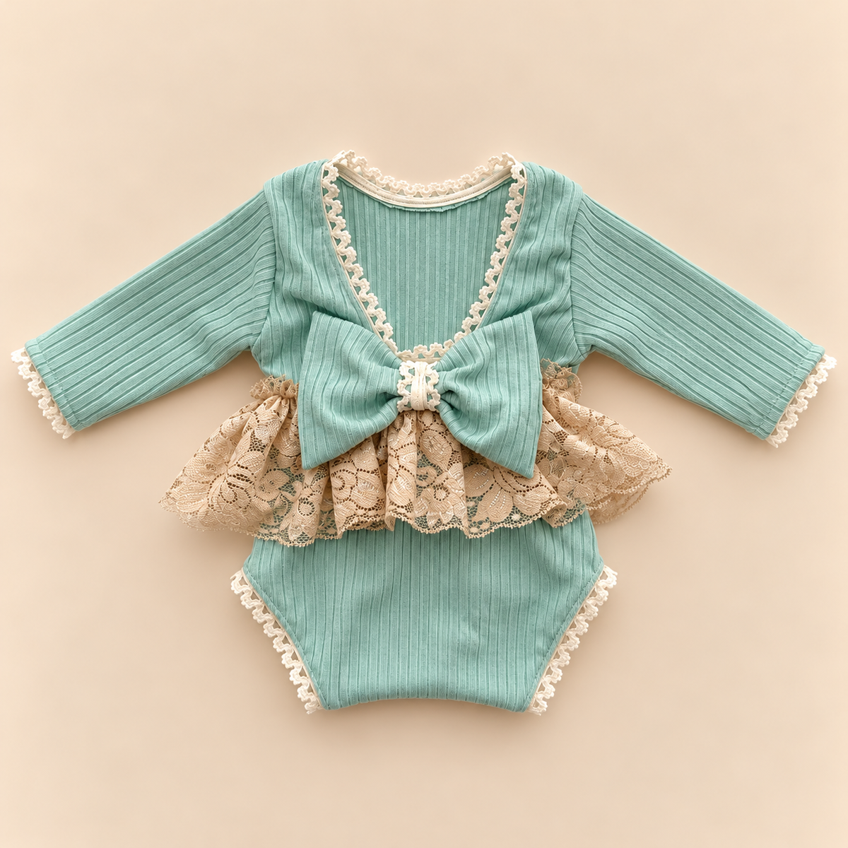 Mint green ribbed newborn photography romper with oversized mint bow, beige floral lace ruffle and ivory lace trim