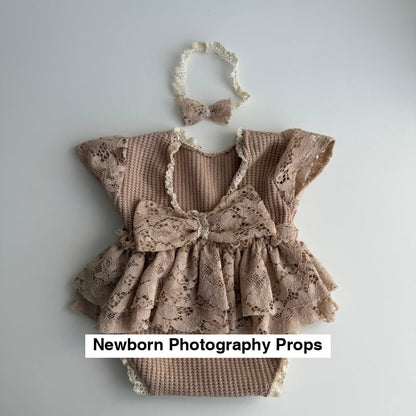 Mocha Lace Newborn Romper & Headband Set