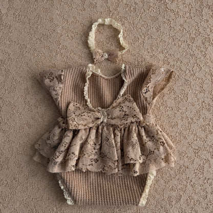 Mocha Lace Newborn Romper & Headband Set