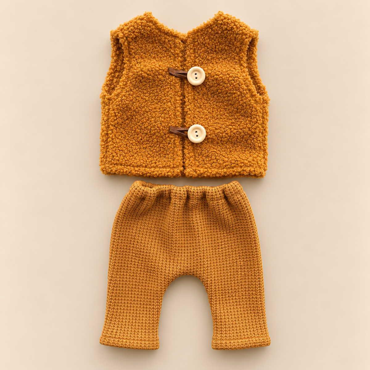 Golden mustard newborn photography outfit with textured bouclé vest, two buttons and matching waffle knit pants