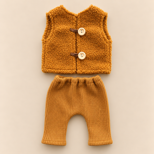 Golden mustard newborn photography outfit with textured bouclé vest, two buttons and matching waffle knit pants