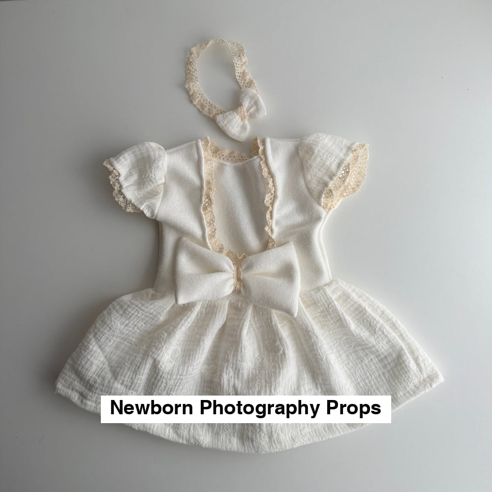 Newborn Dress with Muslin Skirt + Headband – Photography Prop Set