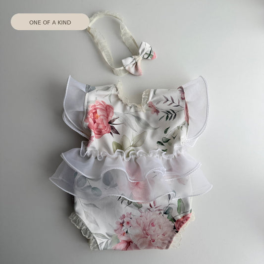 Newborn Floral Romper with Ruffles + Headband – Photography Prop Set