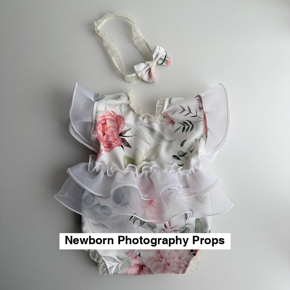 Newborn Floral Romper with Ruffles + Headband – Photography Prop Set