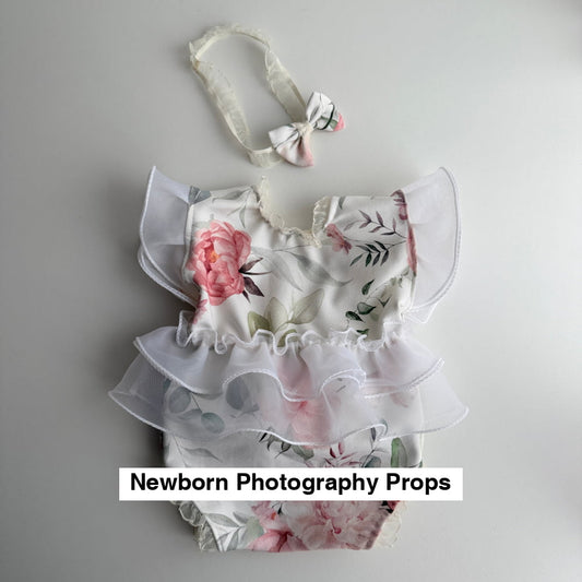 Newborn Floral Romper with Ruffles + Headband – Photography Prop Set