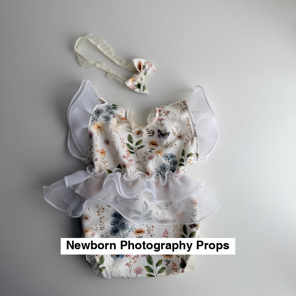 Newborn Floral Romper with Ruffles + Headband – Photography Prop Set