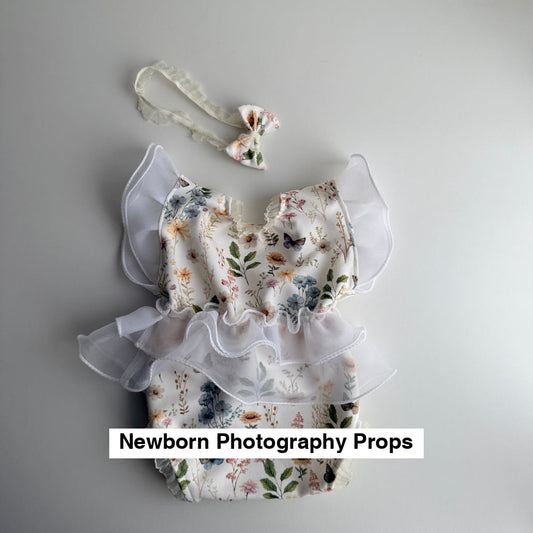 Newborn Floral Romper with Ruffles + Headband – Photography Prop Set