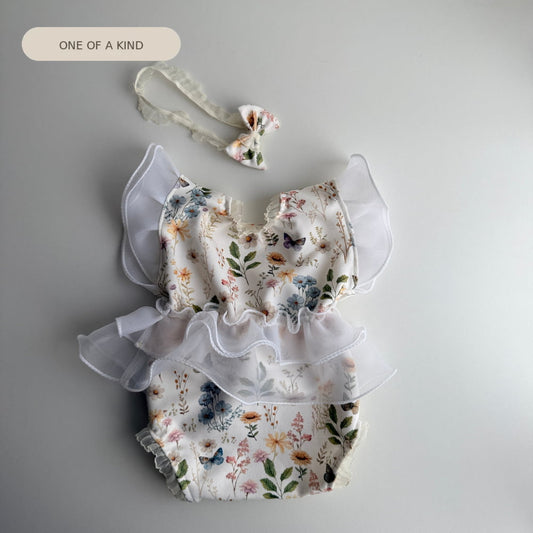 Newborn Floral Romper with Ruffles + Headband – Photography Prop Set