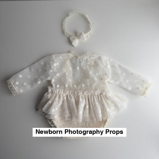 Newborn Romper with Tulle Ruffle + Headband – Photography Prop Set