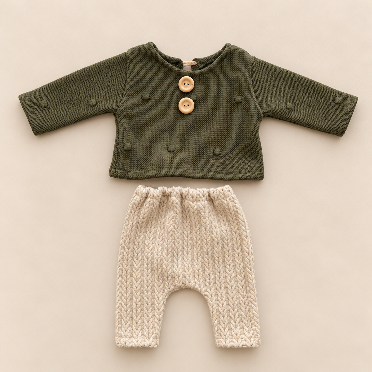 Olive green bobble knit newborn top and cream textured cable pants two piece newborn photography outfit