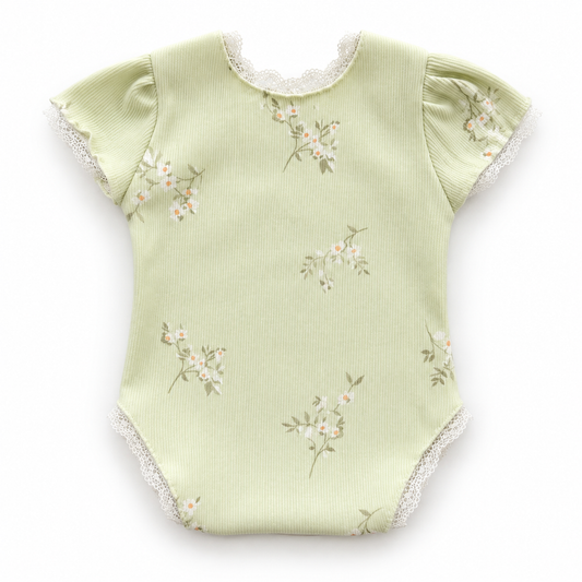 Pastel sage floral newborn photography romper with flutter sleeves and delicate ivory lace trim