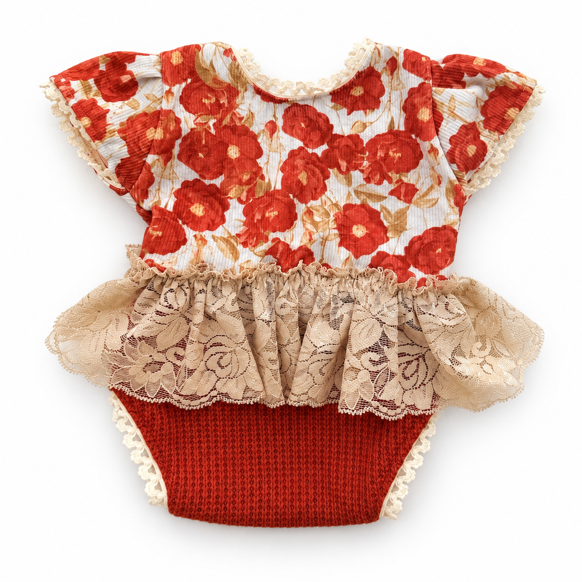 Rust floral newborn photography dress romper with beige lace skirt and rust textured bottom