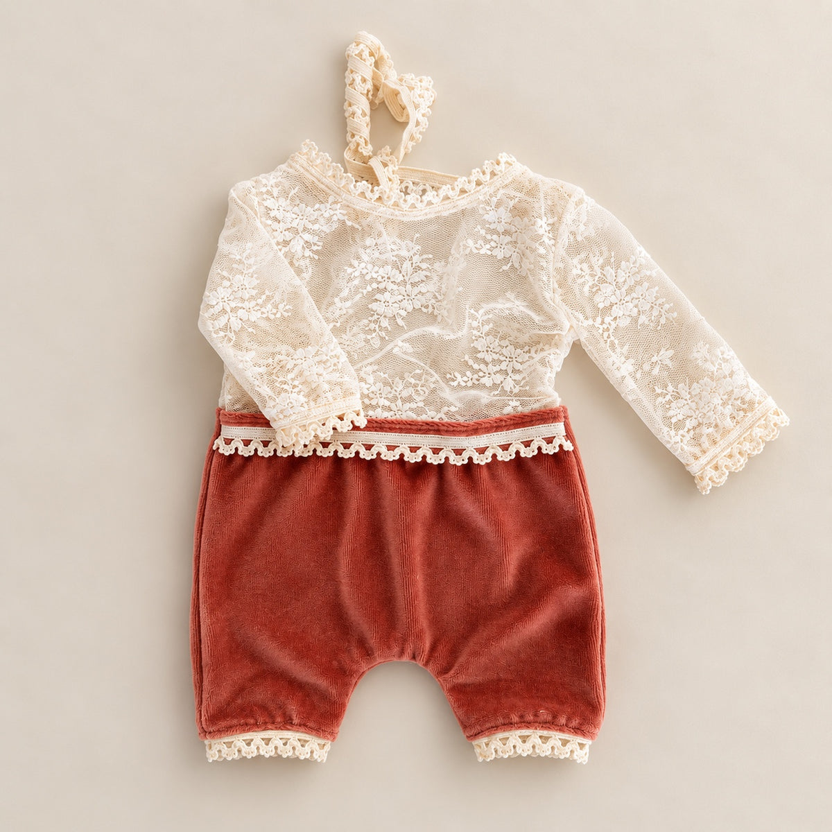 Rust velvet and ivory floral lace newborn photography romper with matching headband