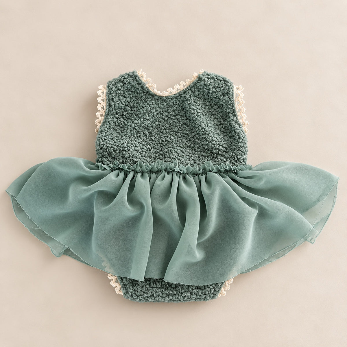 Sage green bouclé newborn photography dress romper with chiffon skirt and ivory lace trim