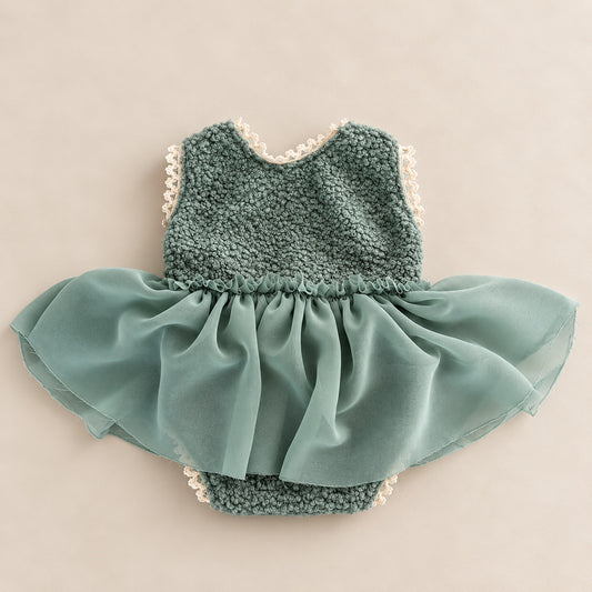 Sage green bouclé newborn photography dress romper with chiffon skirt and ivory lace trim
