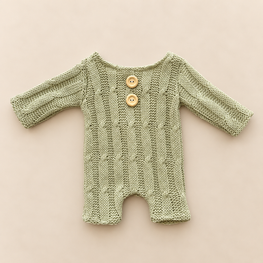 Pale sage green cable knit newborn photography romper with two front buttons and long sleeves
