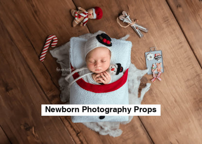 Snowman hat, Snowman Mattress cover with pocket for newborn baby and pillow. Newborn photography props featuring a sleeping baby.