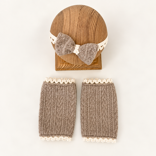 Taupe newborn photography accessory set with knitted bow headband and matching lace-trimmed leg warmers