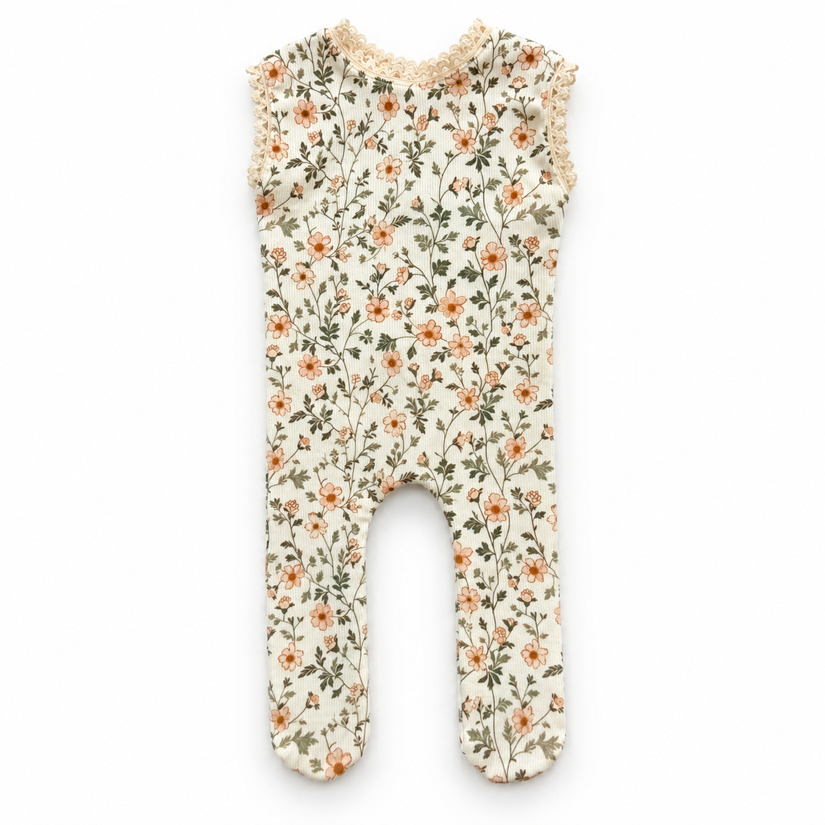 Vintage peach floral footed newborn photography romper with delicate ivory lace neckline and armholes