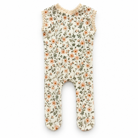 Vintage peach floral footed newborn photography romper with delicate ivory lace neckline and armholes